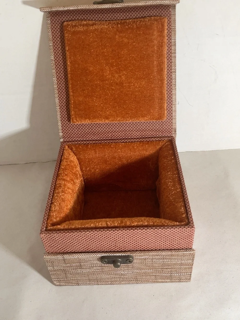 Small Fabric Covered Jewelry Trinket Box Orange Velvet Lined Brass Tone Latch 5”